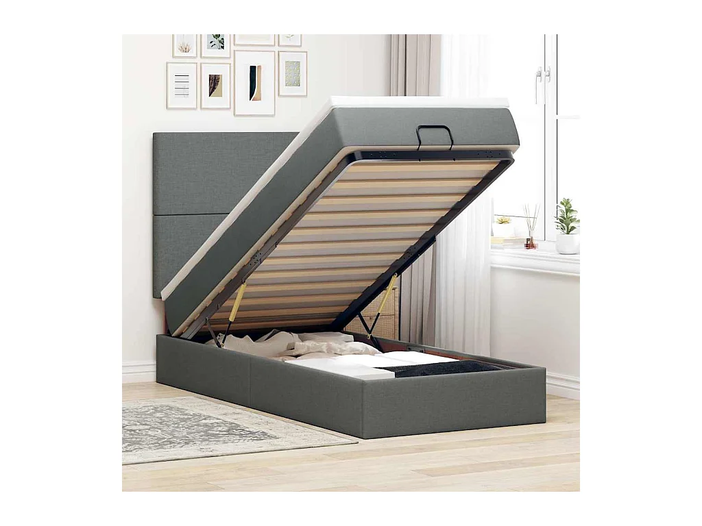 Ottoman-Bett mit Matratze & LEDs Dunkelgrau 90x190 cm Stoff