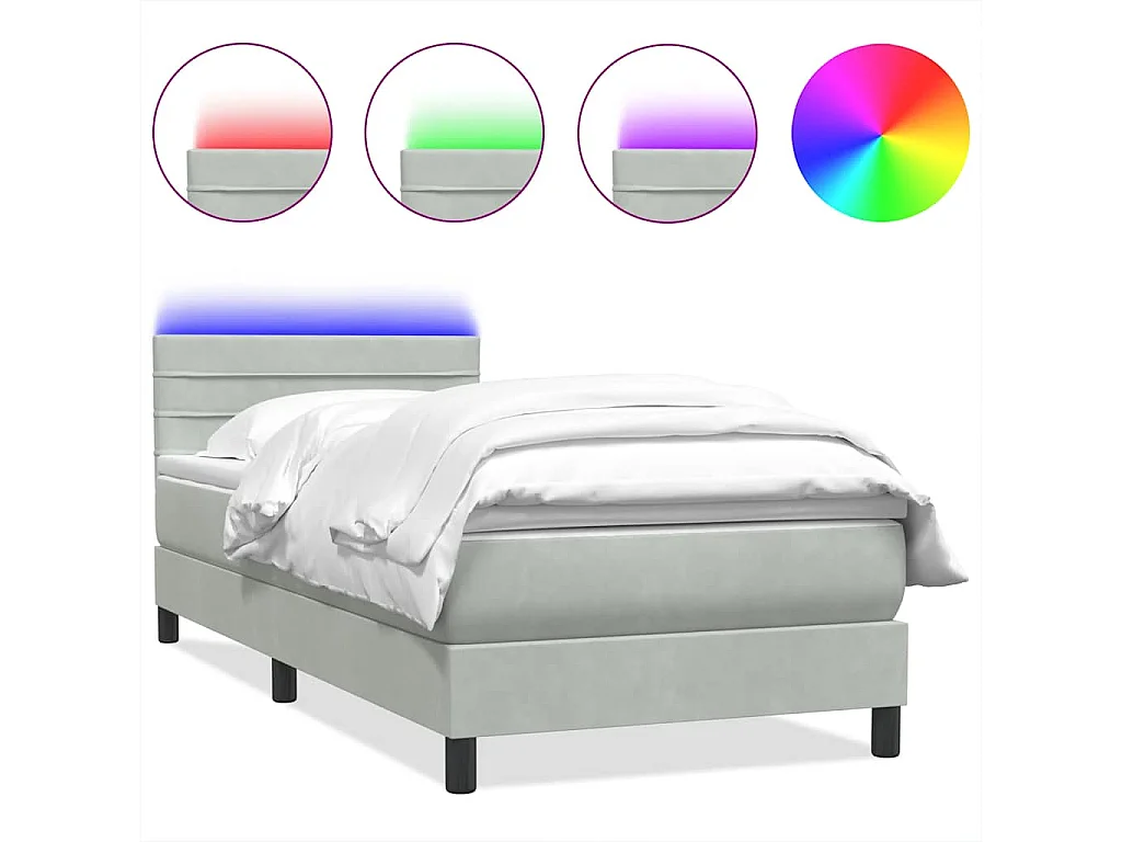 Cama box spring con colchón y LED terciopelo gris claro 90x220 cm