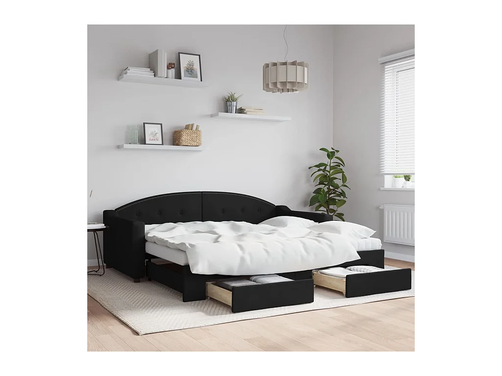 Tagesbett Ausziehbar mit Schubladen Schwarz 90x190 cm Stoff
