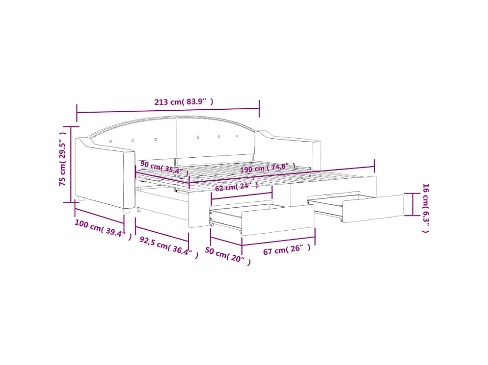 Tagesbett Ausziehbar mit Schubladen Schwarz 90x190 cm Stoff