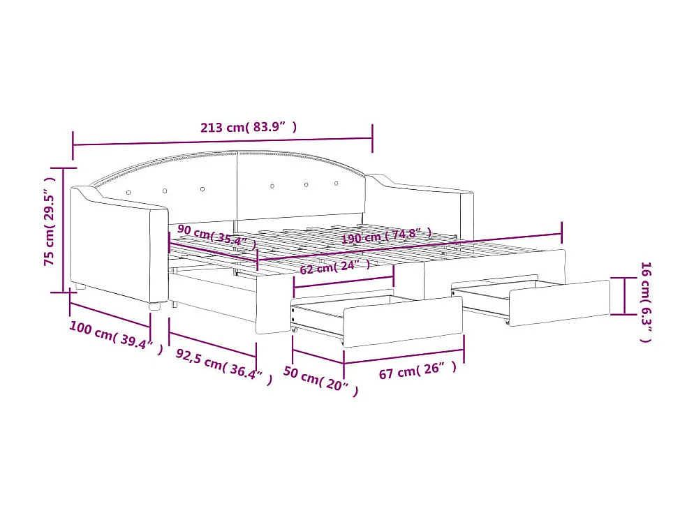 Tagesbett Ausziehbar mit Schubladen Schwarz 90x190 cm Stoff