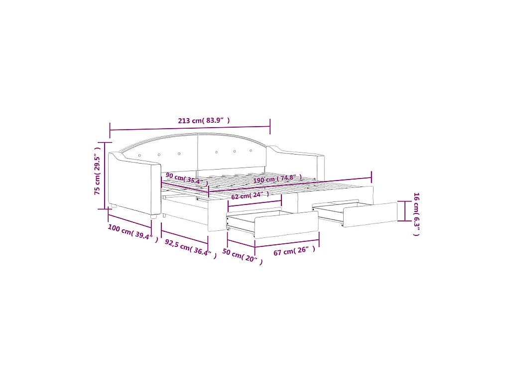 Slaapbank met onderschuifbed en lades 90x190 cm stof zwart