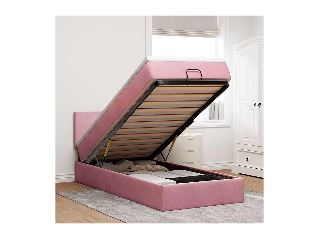 Cadre de lit ottoman avec matelas rose 90x190 cm velours