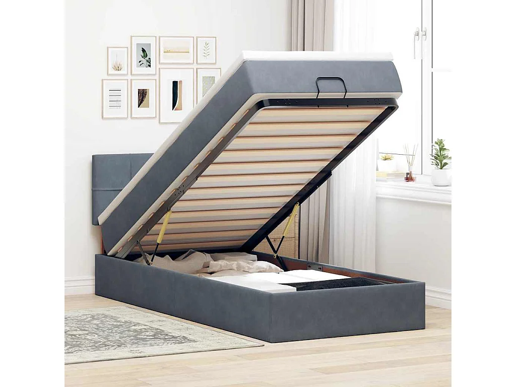Cadre de lit ottoman et matelas gris foncé 90x200 cm velours