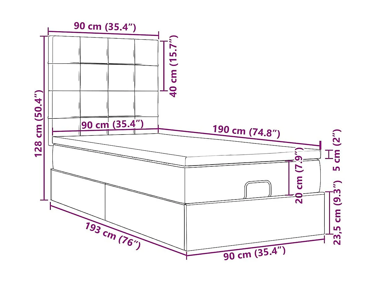 Ottoman-Bett mit Matratzen & LEDs Schwarz 90x190 cm Samt