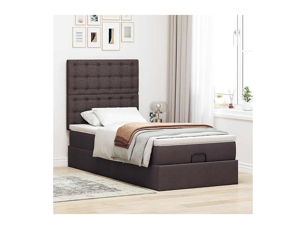 Cadre de lit ottoman avec matelas marron foncé 100x200 cm tissu