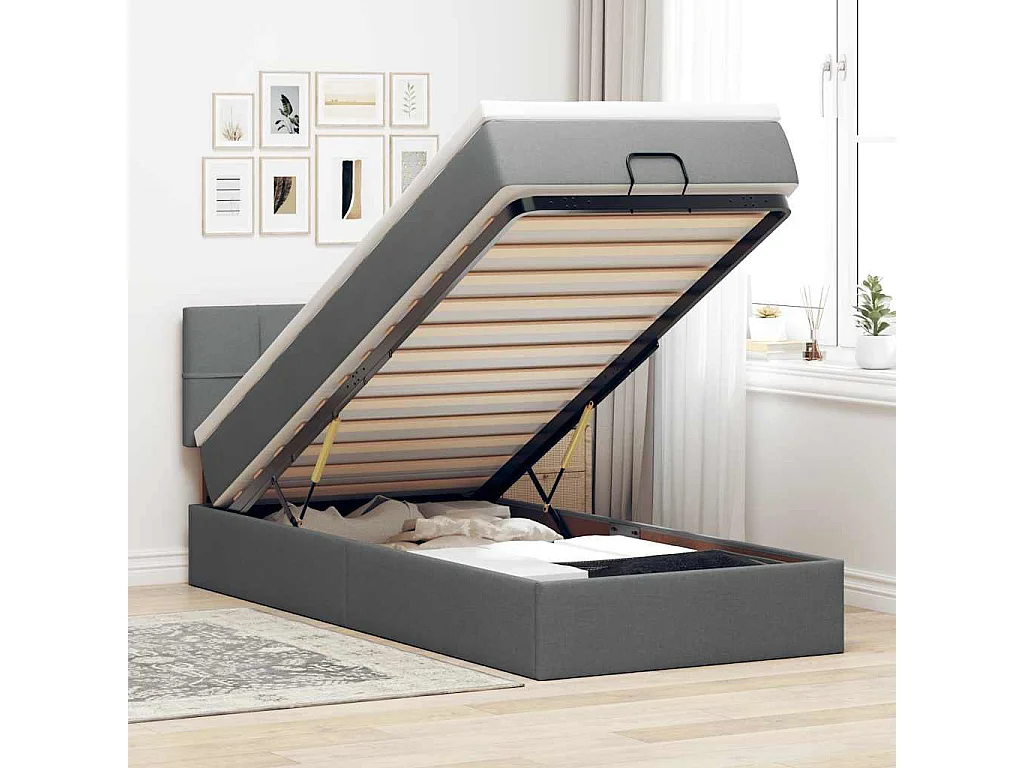 Estrutura cama otomana colchão 100x200cm tecido cinzento escuro