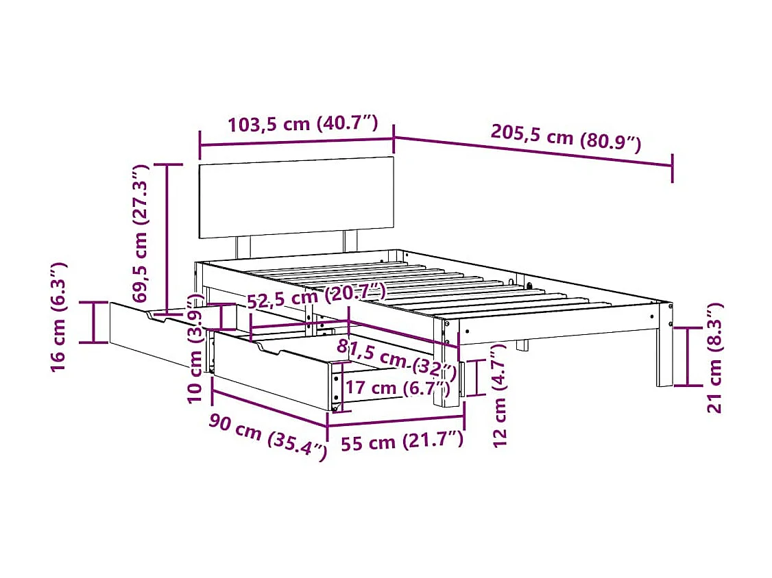 Bedframe met lades 100x200 cm massief grenenhout