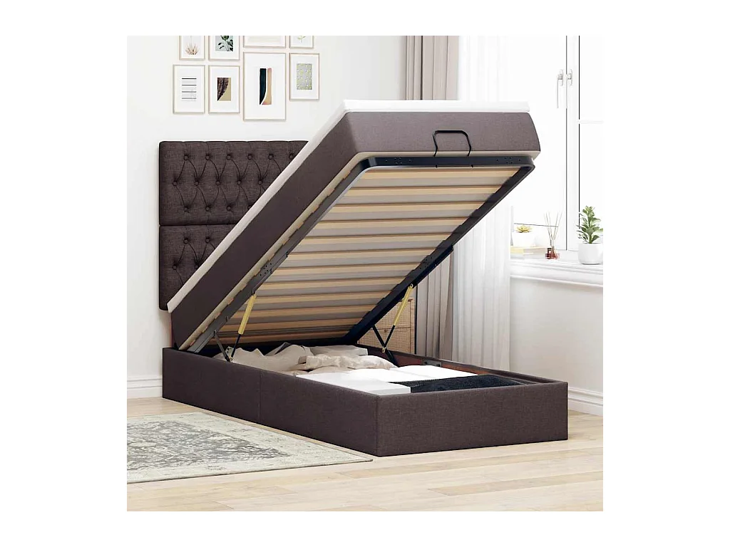 Cadre de lit ottoman avec matelas marron foncé 100x200 cm tissu