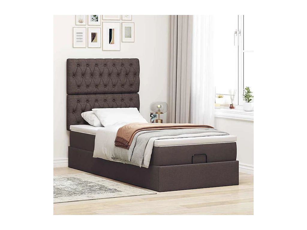 Cadre de lit ottoman avec matelas marron foncé 100x200 cm tissu