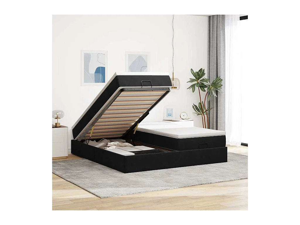 Struttura Letto Pouf con Materassi Nero 160x200 cm in Velluto