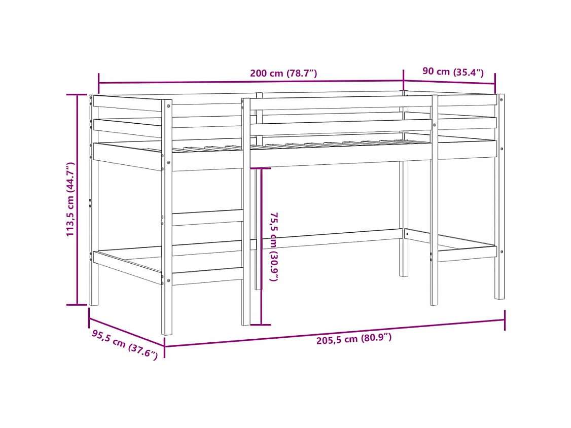 Lit mezzanine enfants avec rideaux sans matelas bleu 90x200cm