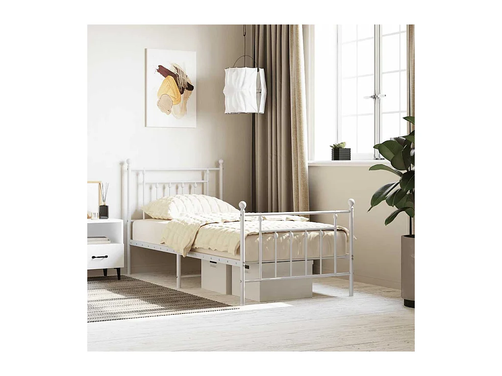 Cadre de lit métal sans matelas avec pied de lit blanc 90x190cm