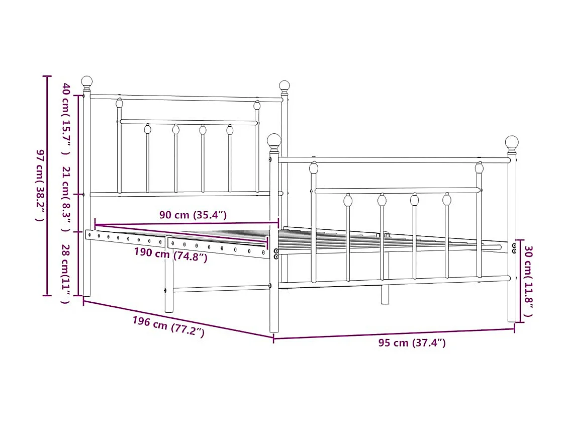 Cadre de lit métal sans matelas avec pied de lit blanc 90x190cm