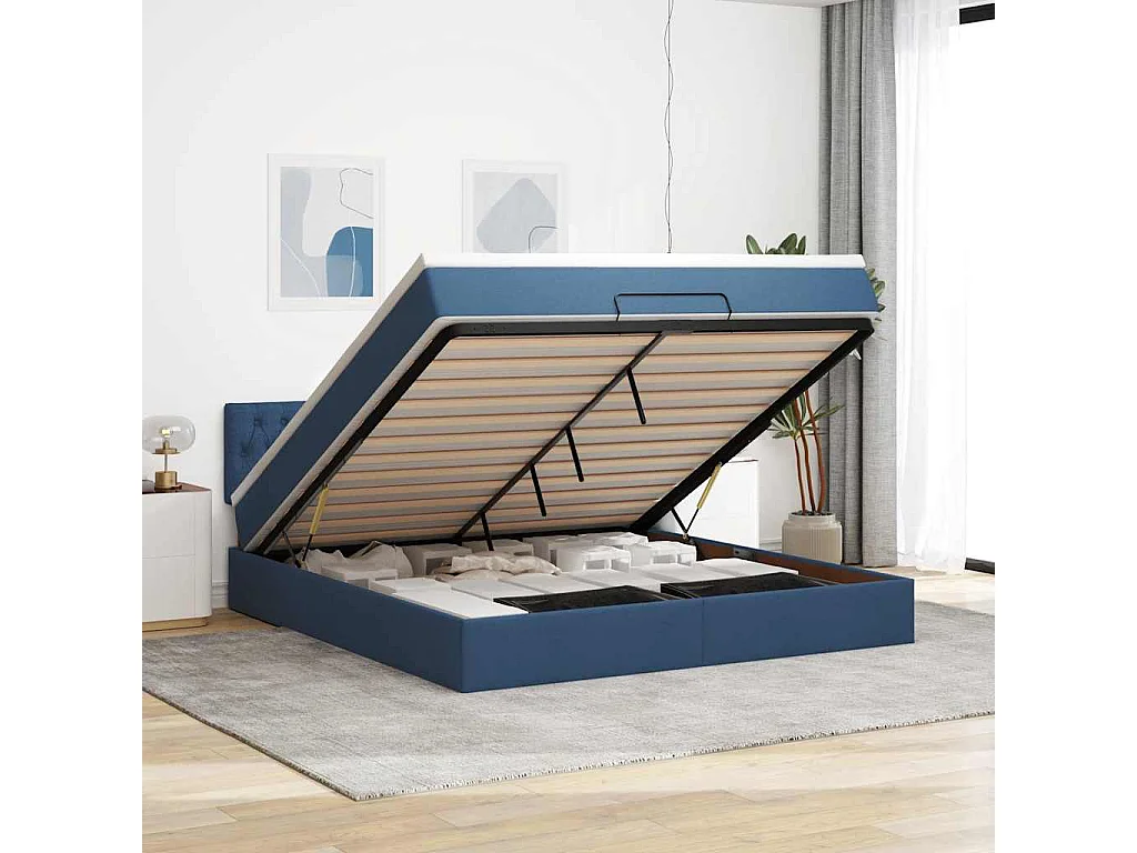Cadre de lit ottoman avec matelas bleu 160x200 cm tissu