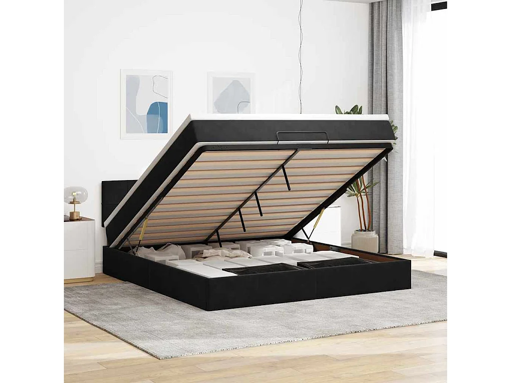 Struttura Letto Pouf con Materasso Nero 160x200 cm in Velluto