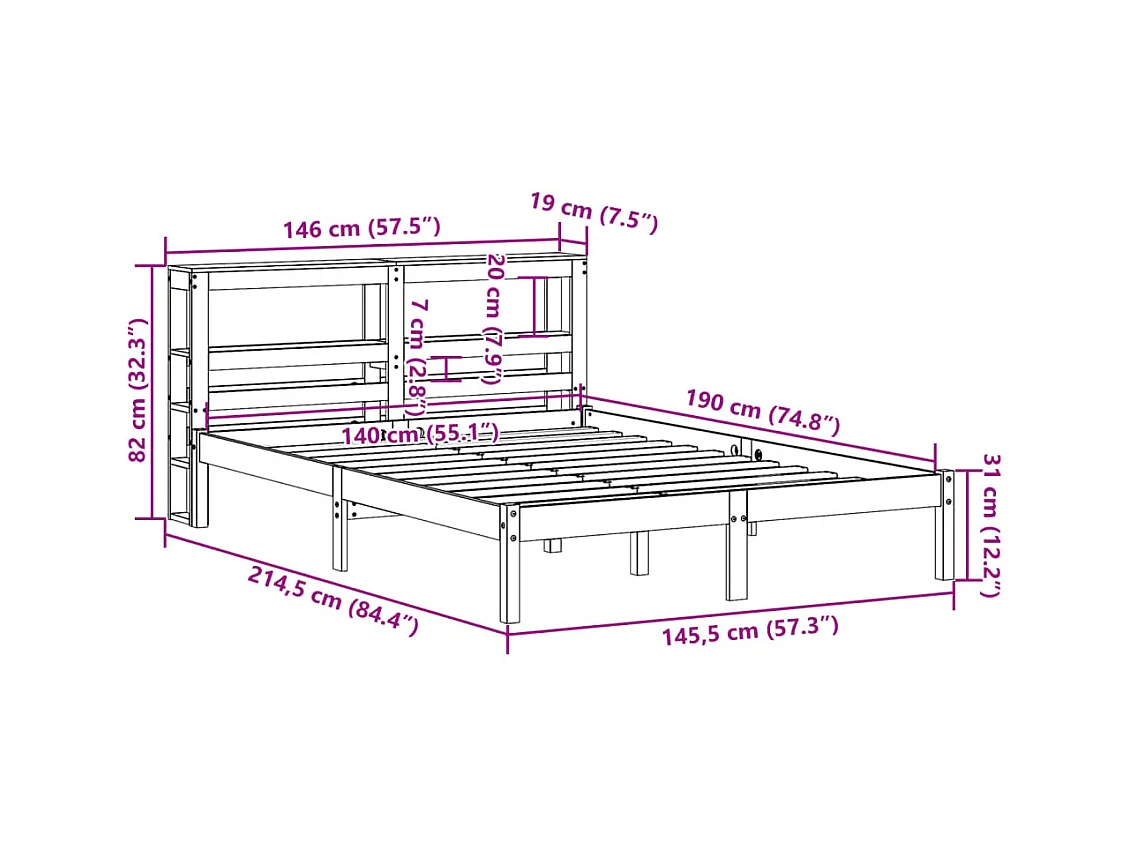 Bedframe zonder matras massief grenenhout wit 140x190 cm