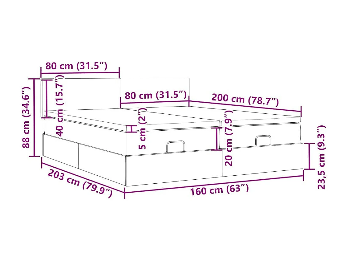 Cadre de lit ottoman et matelas gris clair 160x200cm velours