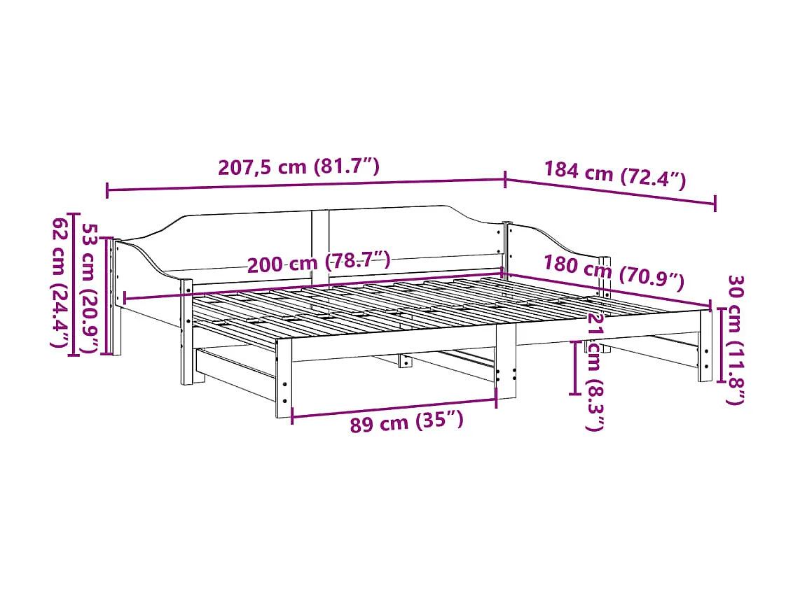 Slaapbank met onderschuifbed 90x200 cm massief grenenhout wit