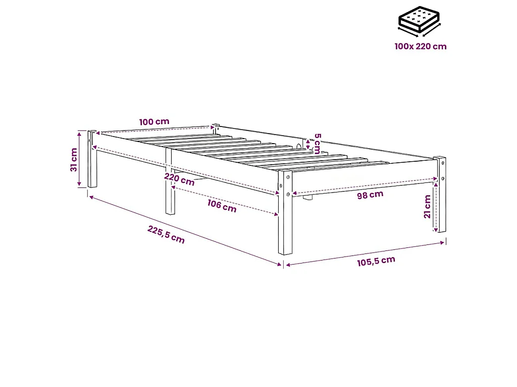Cadre de lit extra long sans matelas 100x220 cm bois massif pin
