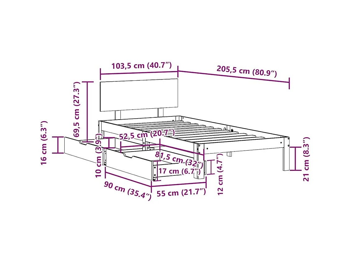 Cadre de lit avec tiroirs sans matelas blanc 100x200 cm