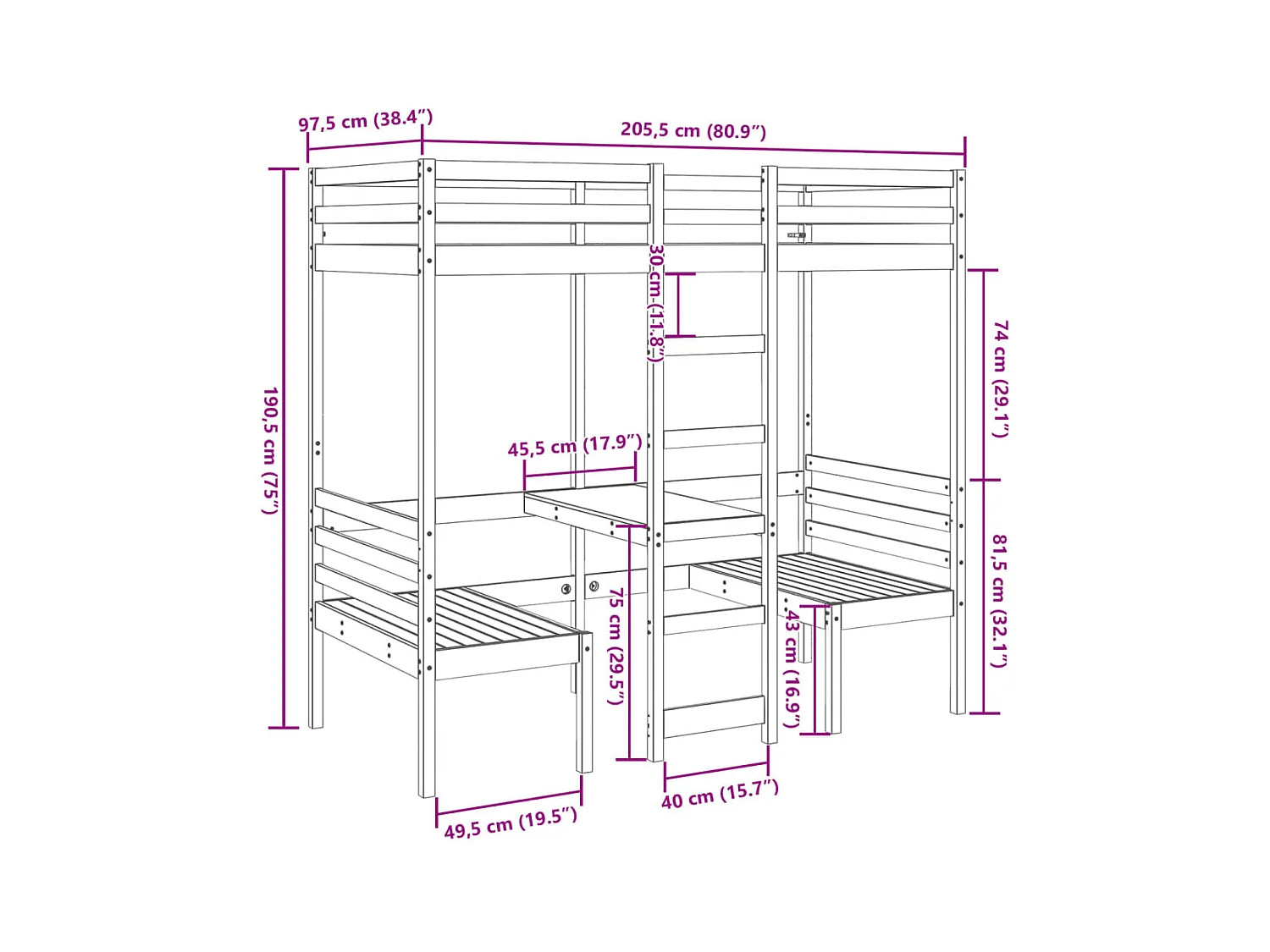Lit mezzanine avec bureau et chaises 90x200 cm pin massif