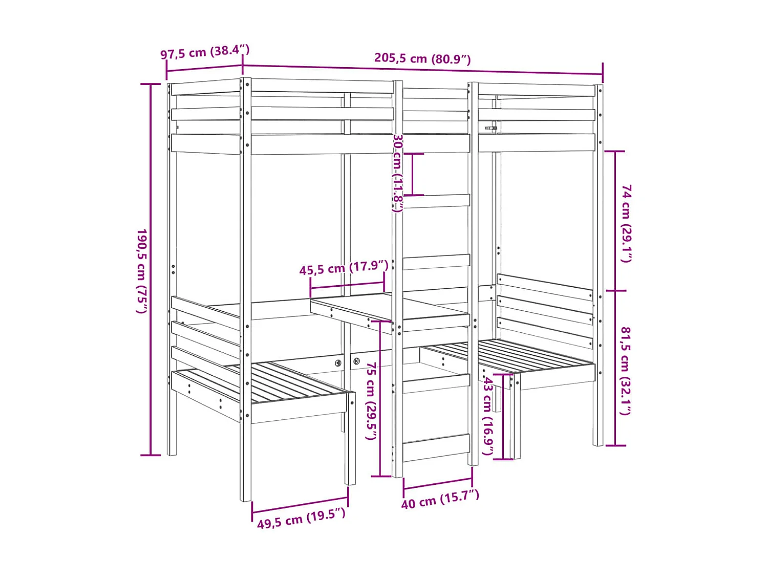 Giroletto Soppalco con Scrivania e Sedie 90x200cm Legno Pino