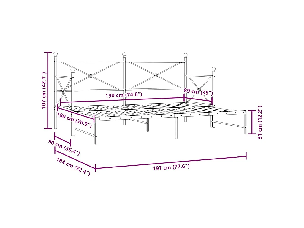Slaapbank met onderschuifbed zonder matras 90x190 cm staal wit