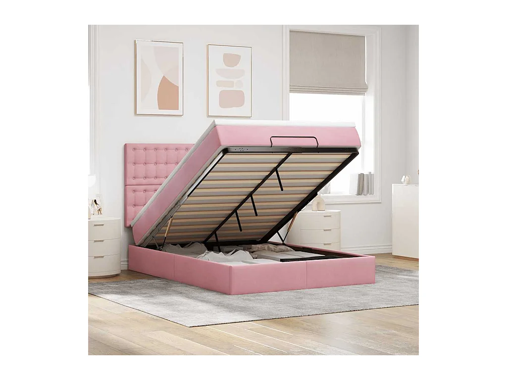 Cadre de lit ottoman avec matelas rose 140x200 cm velours