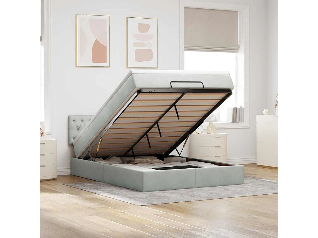 Cadre de lit ottoman avec matelas gris clair 140x200 cm velours