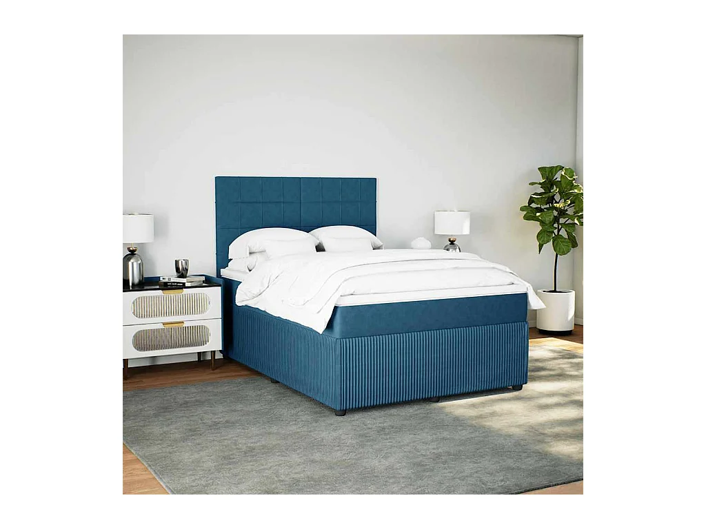 Sommier à lattes de lit et matelas bleu 140x190 cm velours