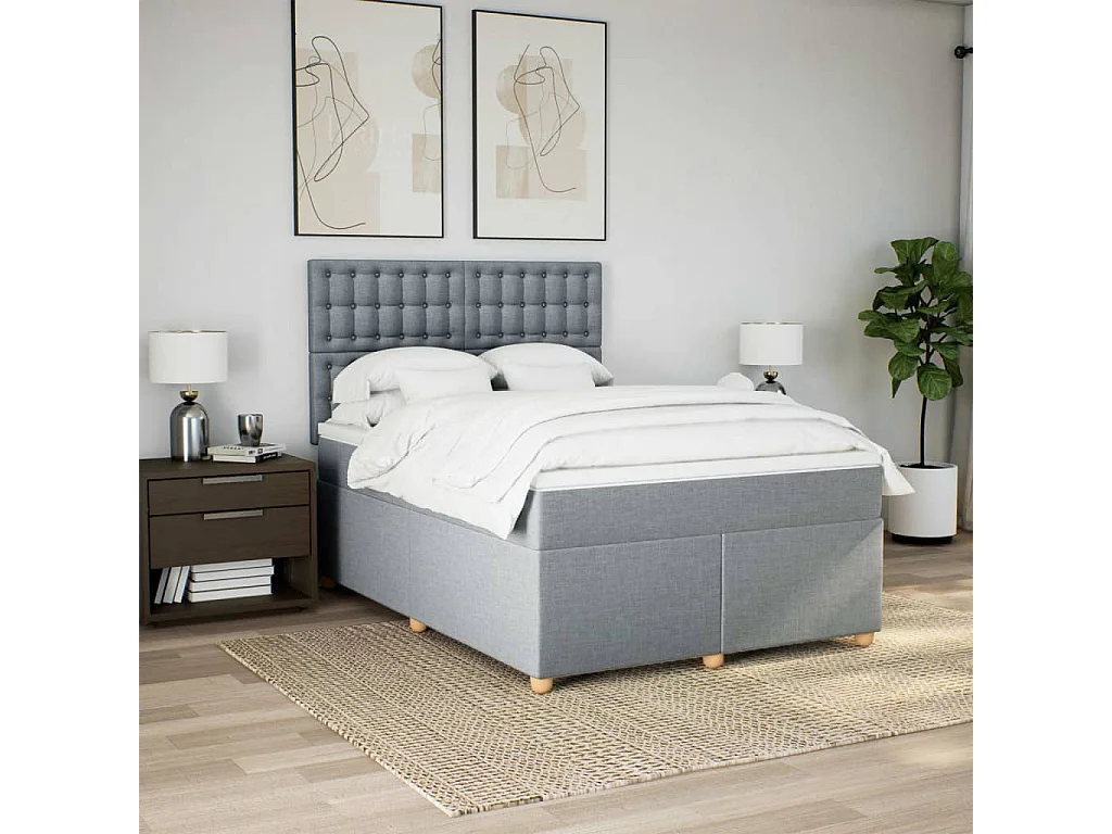 Cama box spring con colchón tela gris claro 140x200 cm