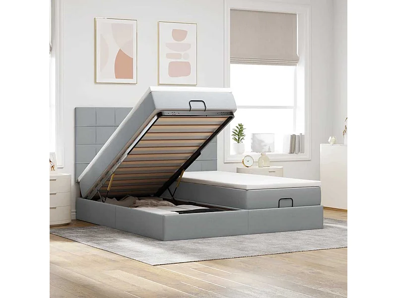Cadre de lit ottoman et matelas gris clair 160x200cm tissu