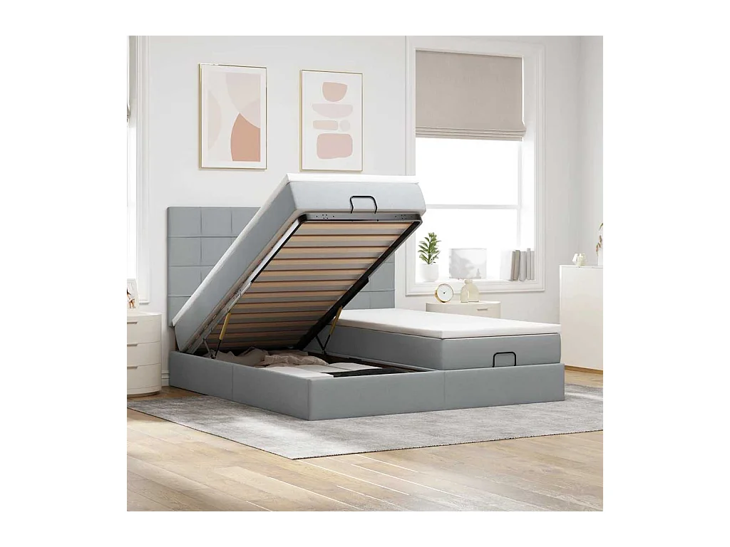 Cadre de lit ottoman et matelas gris clair 160x200cm tissu