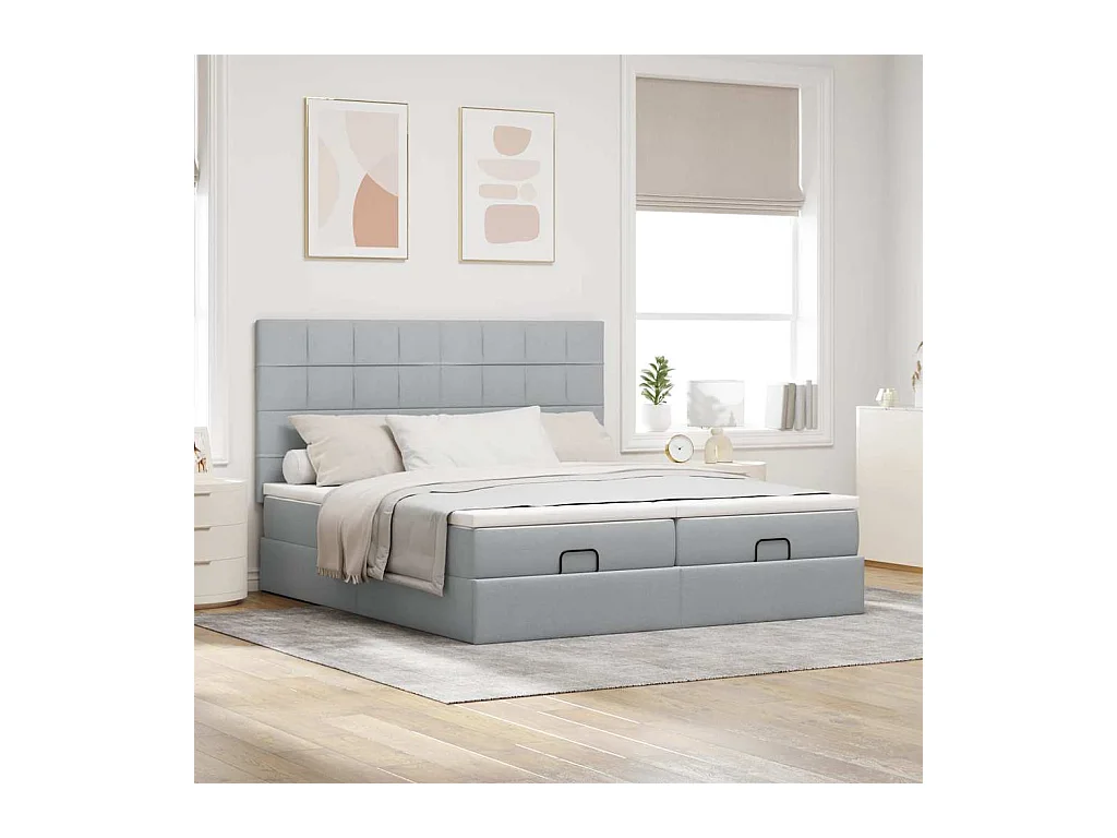 Cadre de lit ottoman et matelas gris clair 160x200cm tissu