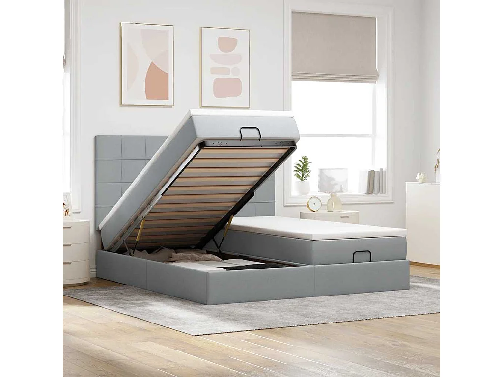 Cadre de lit ottoman et matelas gris clair 160x200cm tissu