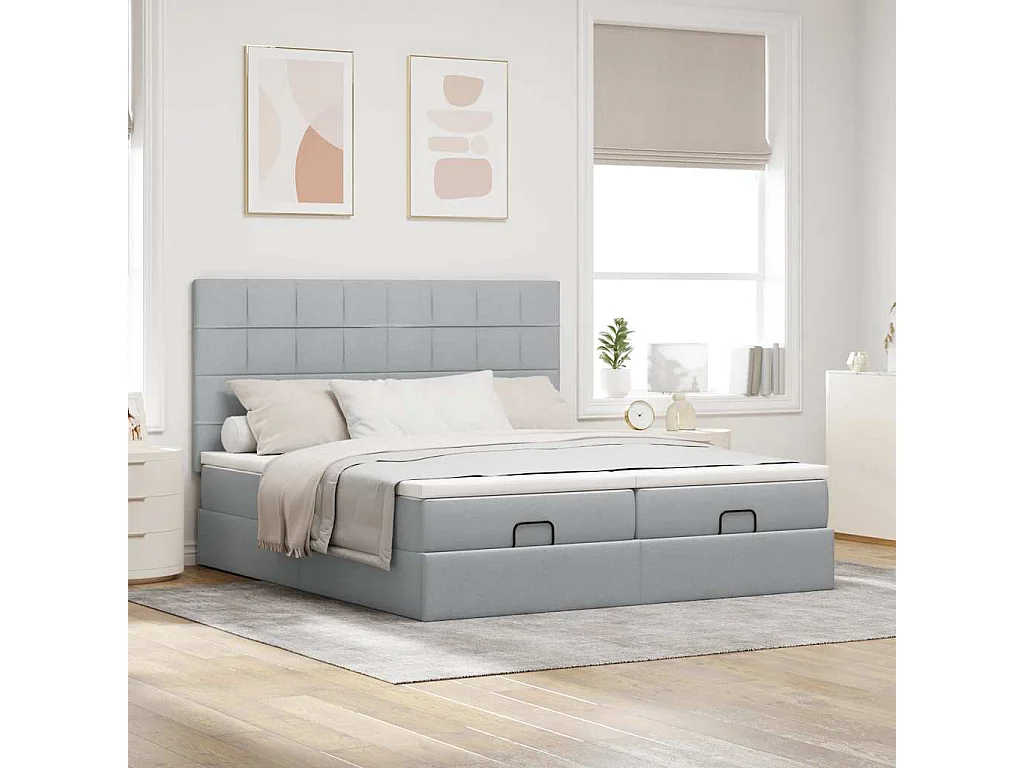 Cadre de lit ottoman et matelas gris clair 160x200cm tissu