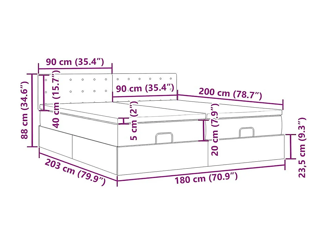 Estrutura de cama otomana com colchões 180x200cm veludo preto