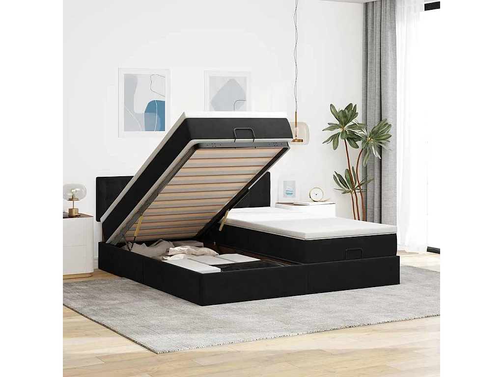 Cadre de lit ottoman avec matelas noir 180x200cm velours