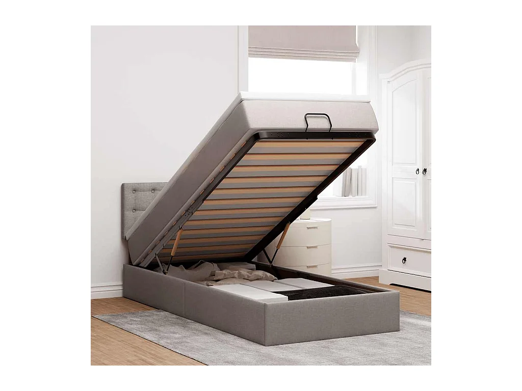 Lit ottoman avec matelas taupe 90x200 cm tissu