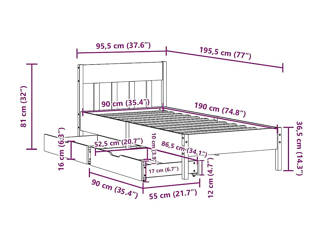 Massivholzbett ohne Matratze Weiß 90x190 cm Kiefernholz