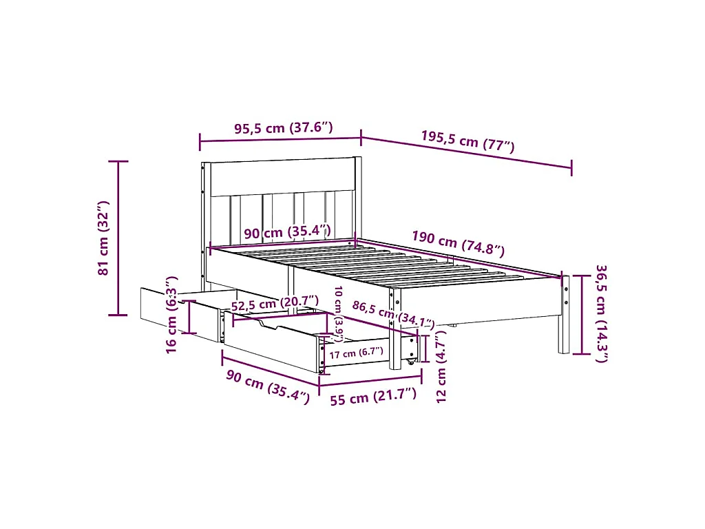 Cadre de lit sans matelas blanc 90x190 cm bois de pin massif