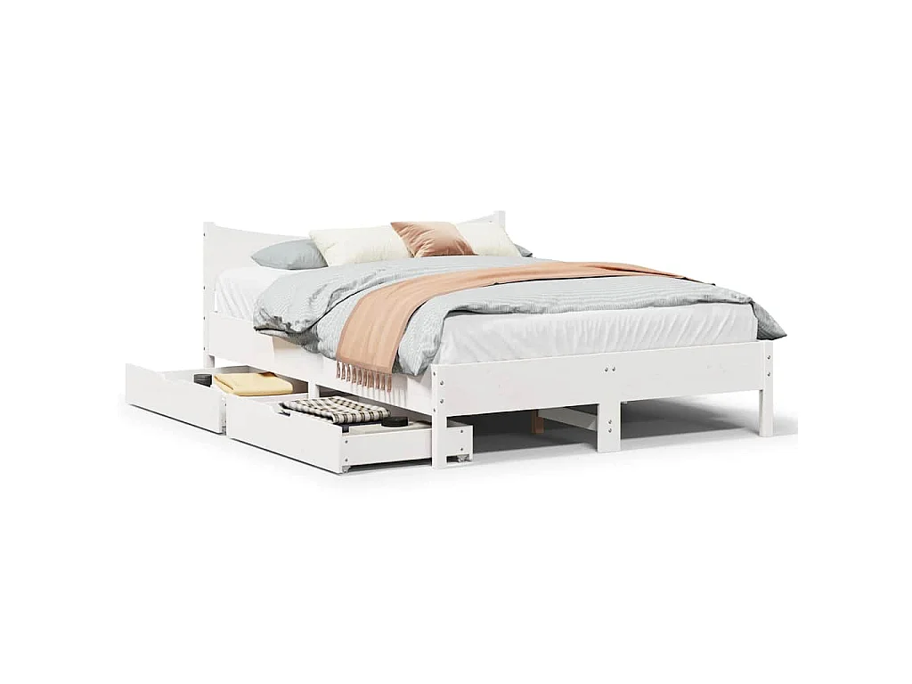 Giroletto con Cassetti Bianco 140x190 cm Legno Massello di Pino