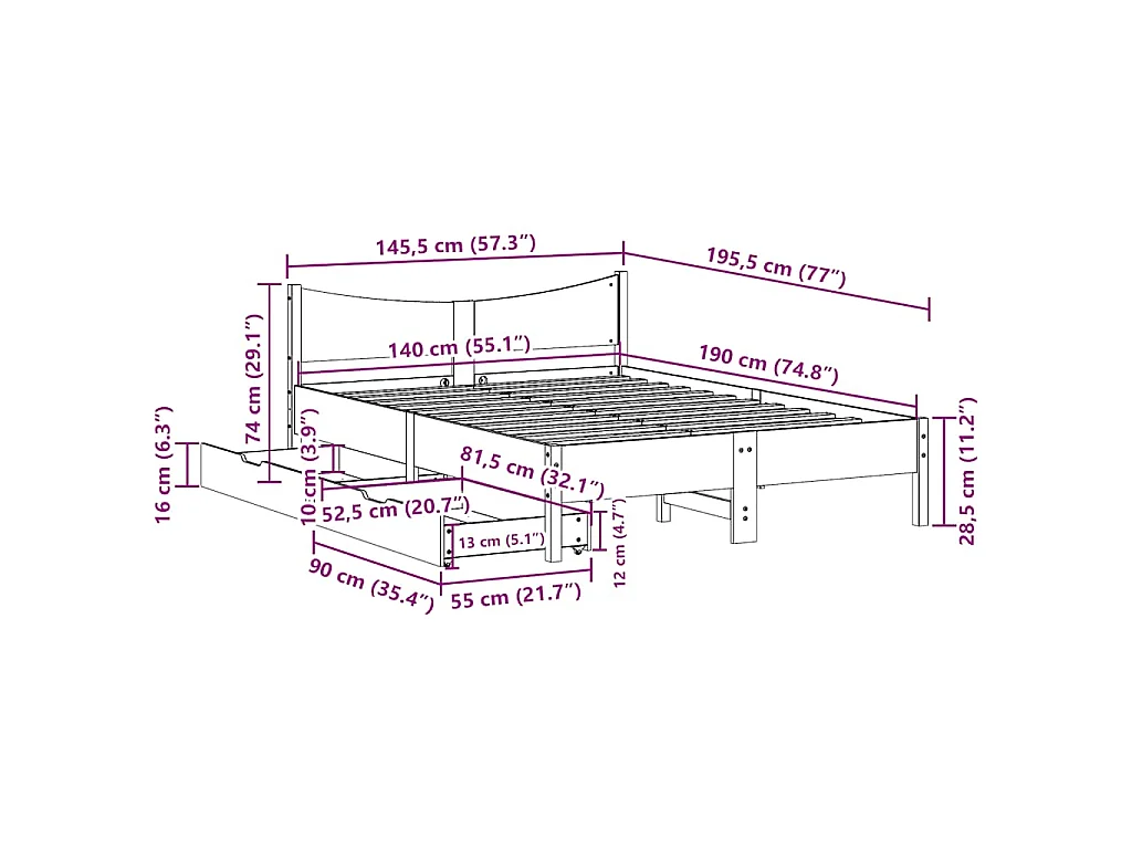 Giroletto con Cassetti Bianco 140x190 cm Legno Massello di Pino