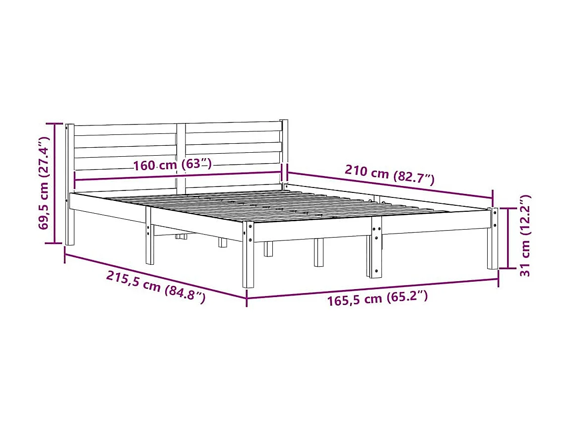 Bettrahmen Braun 208.6 x 157.6 x 69.4 cm Massives Kiefernholz