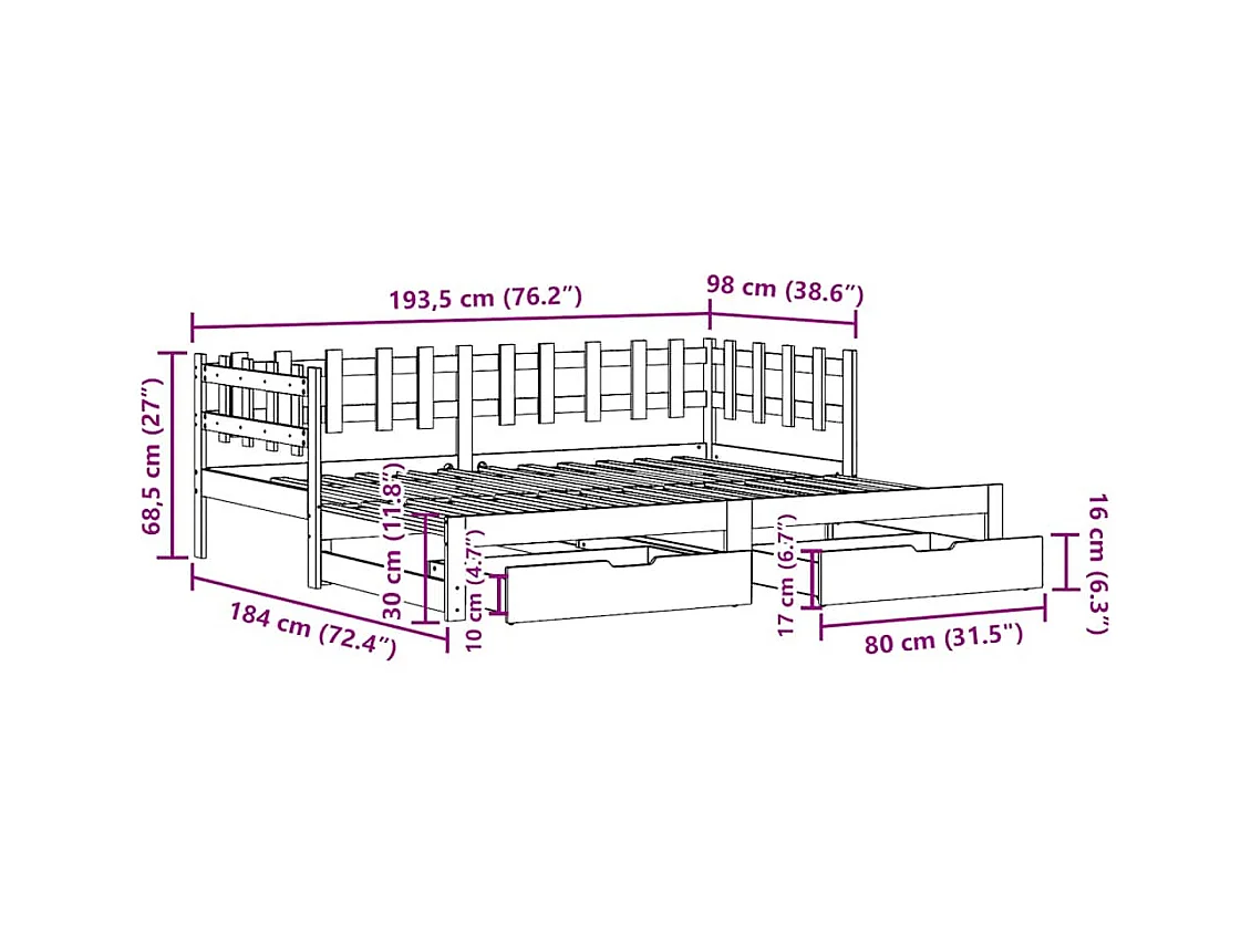 Sofá-cama com gavetão e gavetas sem colchão 90x190 cm