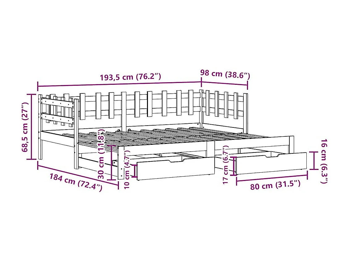 Sofá-cama com gavetão e gavetas sem colchão 90x190 cm