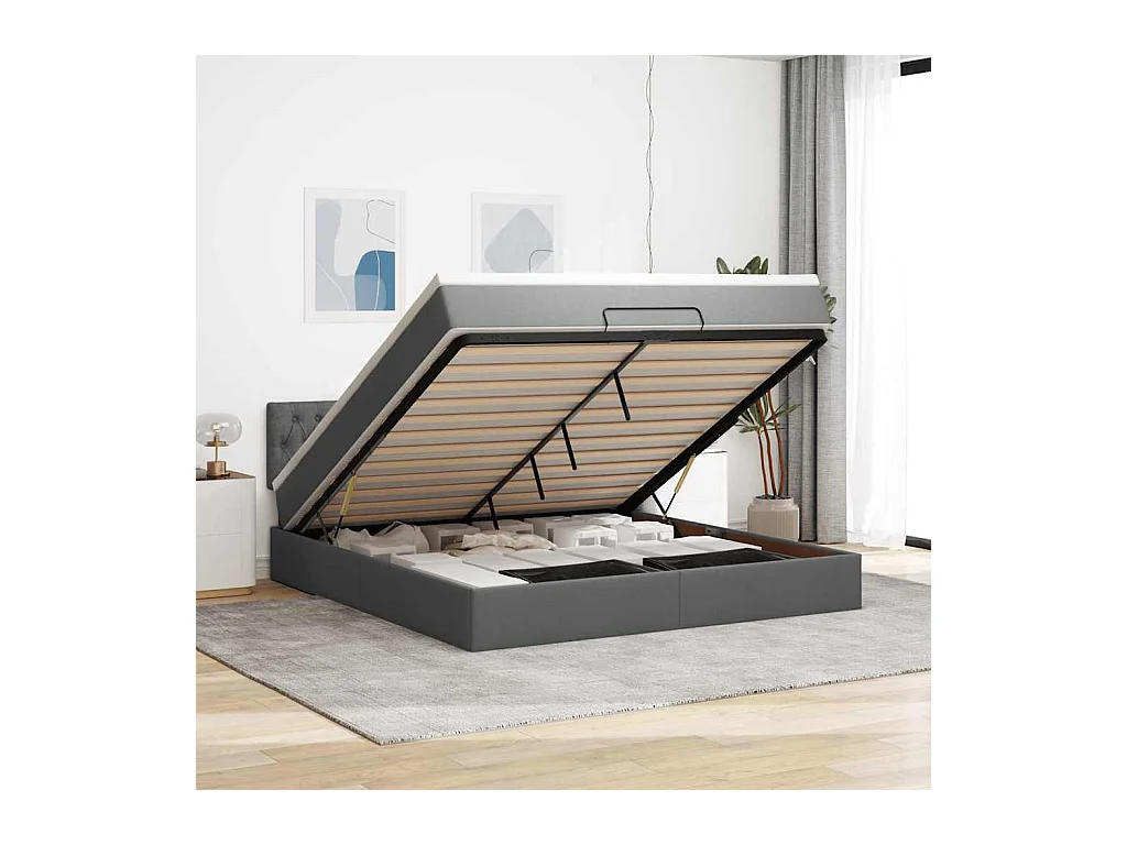 Lit ottoman avec matelas et LED Gris foncé 180x200 cm tissu