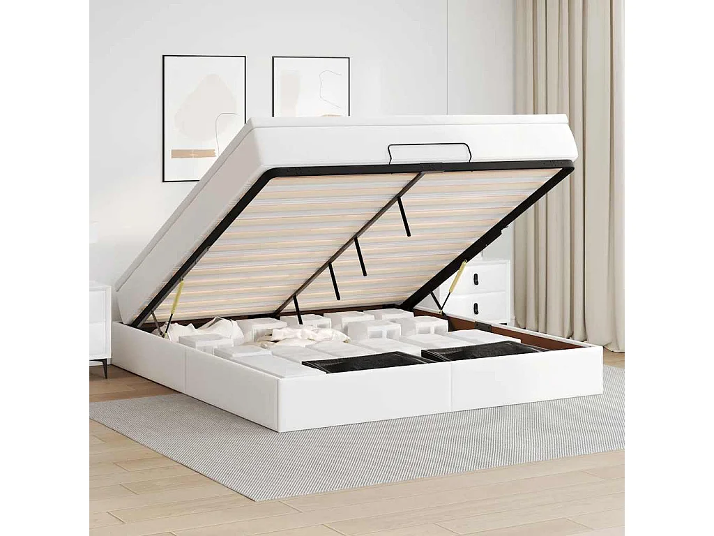 Cadre de lit ottoman avec matelas blanc 160x200 cm similicuir