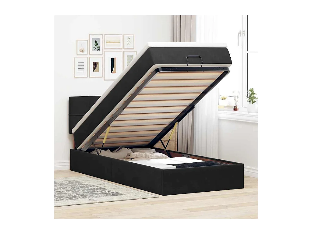 Cadre de lit ottoman avec matelas noir 90x190 cm velours